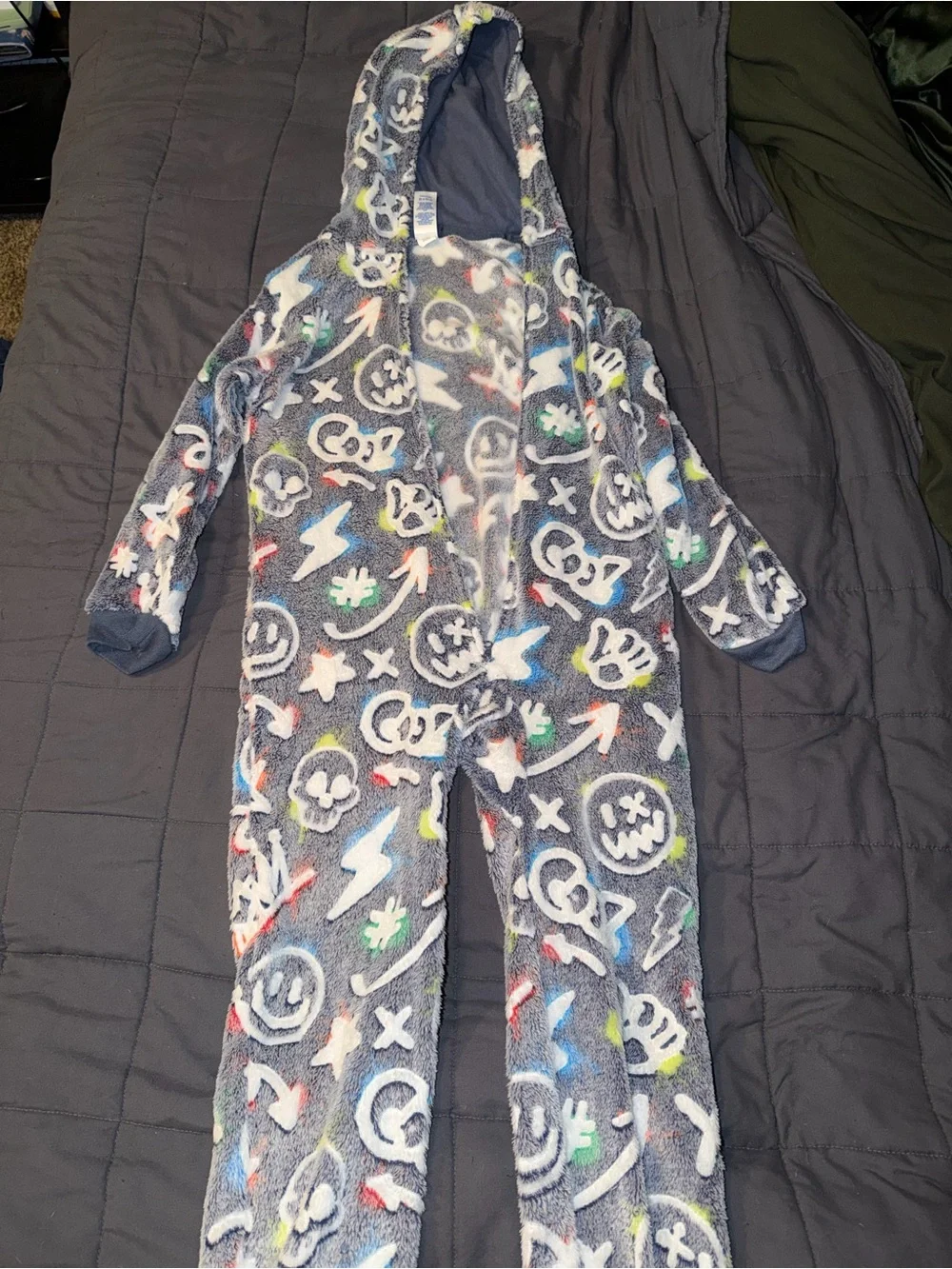 Fuzzy Hooded Onesie with Neon Graffiti Motif - Gray Base